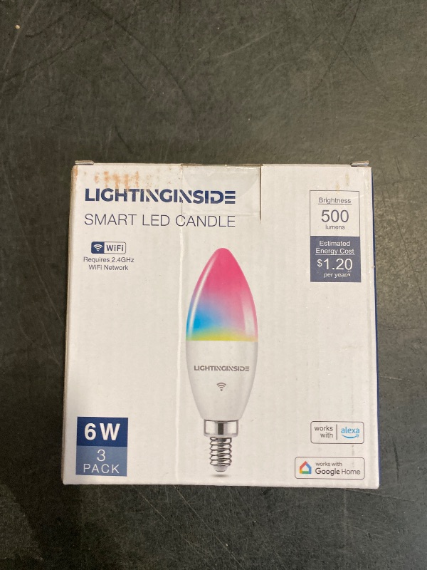 Photo 1 of Lightinginside E12 Smart Bulb 60W Equivalent, 500LM 6W WiFi Candelabra LED Light Bulb Compatible with Alexa/Google Home, No Hub Required, RGBCW Chandelier Candle Bulb, 2.4G WiFi Only, ETL Listed, 3PCS