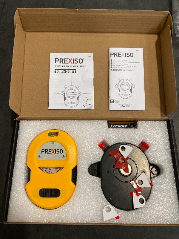 Photo 1 of PREXISO Multi Surface Laser Level LED Light Vial, 30Ft Horizontal & Vertical Line Laser with Wall Mount Base, 2 Pins, 10 Sticker, 2 AA Batteries for Hanging Frames & Picture, Construction Wall Writing