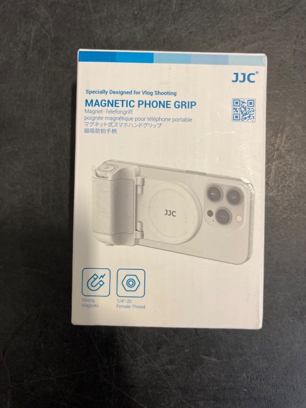 Photo 1 of JJC Magnetic Phone Camera Grip Handle with Wireless Shutter Remote, Magsafe Camera Handle Bluetooth Bracket for iPhone Android Smartphone with 1/4” Tripod Screw for Video Photo Shooting (White)