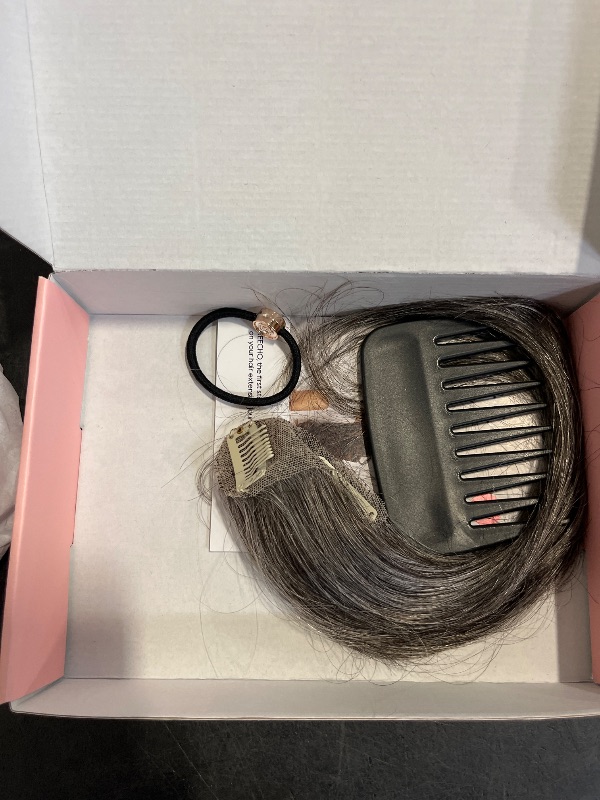 Photo 1 of REECHO Hair Toppers for Women Real Human Hair, Seamless Human Hair Toppers with Bangs, 360° 3D Cover Clip in Bangs Hair Extensions for Daily Wear, Dark Gray