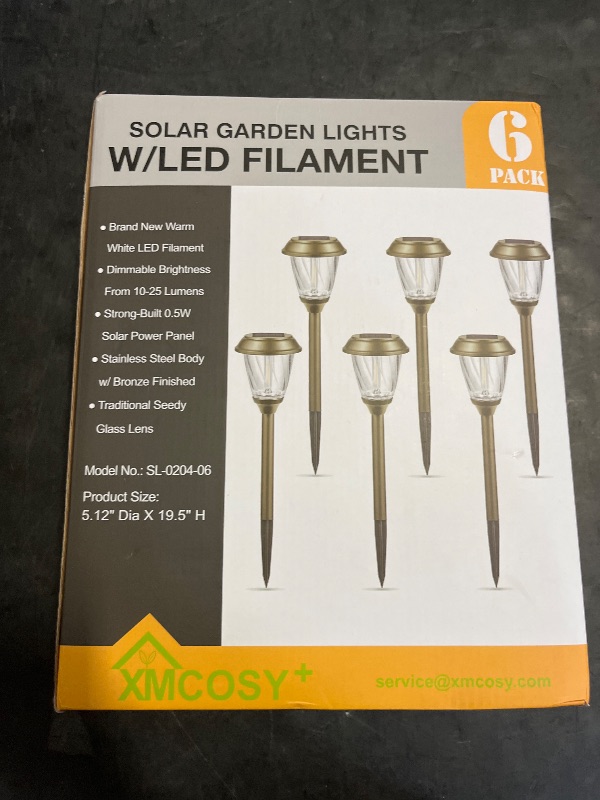 Photo 1 of XMCOSY+ Solar Lights Outdoor 10/25 LM LED with 2 Lighting Modes, Solar Garden Lights Glass and Metal, IP65 Waterproof Solar Powered for Yard Pathway Walkway Driveway Patio (6 Pack, Warm White)
