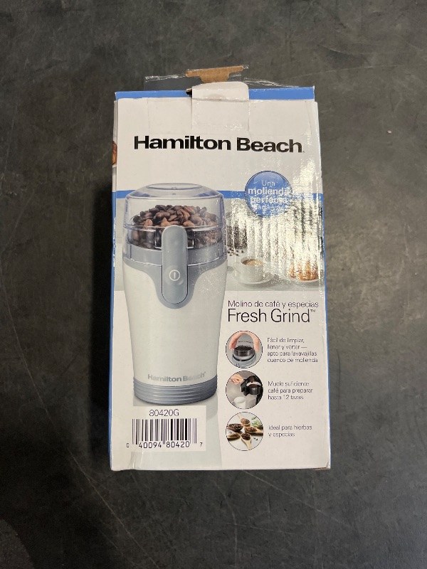 Photo 1 of Hamilton Beach Fresh Grind Electric Coffee Grinder for Beans, Spices and More, Stainless Steel Blades, Removable Chamber, Makes up to 12 Cups, White