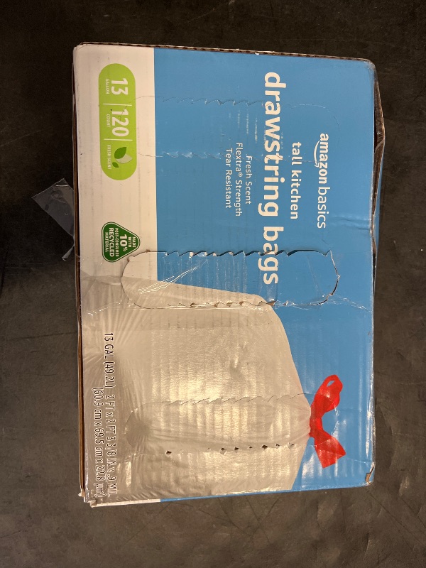 Photo 1 of Amazon Basics 13 Gallon Flextra Strength Tall Kitchen Drawstring Trash Bags, Clean Fresh Scnet, Tear Resistant, 10% Post Consumer Recycled, 90 Count