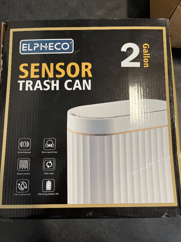 Photo 1 of ELPHECO Automatic Motion Sensor Trash Can - 2 Gallon Slimline for Bathroom, Bedroom, Kitchen, Office - White with Gold Trim