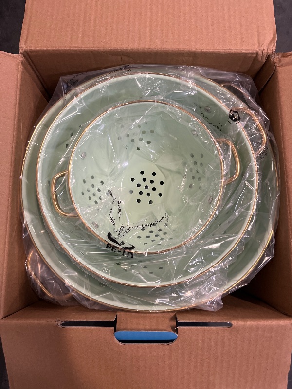 Photo 1 of Metal Colander Set of 3, Strainer Basket with Handles perfect for Spaghetti, Pasta, Berry, Vegetable, Fruit, Solid Base Powder Coated Kitchen Essential Strainer Set, 1 & 3.5 & 5 Qt (Green)
