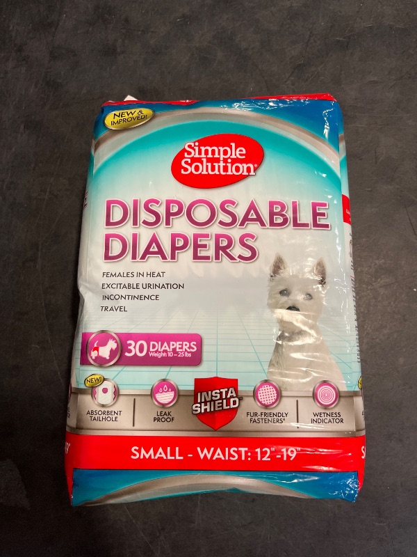 Photo 1 of Simple Solution Disposable Dog Diapers for Female Dogs, True Fit, Absorbent, Leak Proof with Wetness Indicator, Puppy & Doggie Period Pad and Pee Diaper, For Small Pets, 12–19-Inch Waist, 30 Count