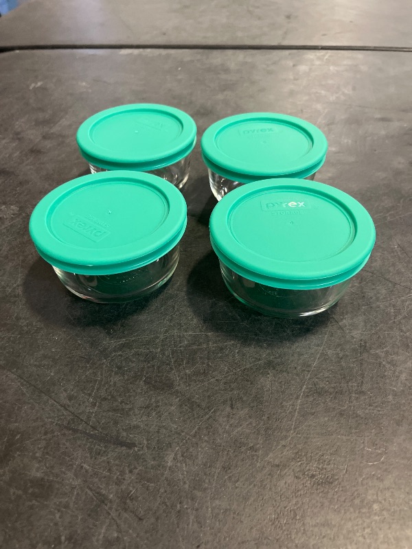 Photo 1 of Pyrex (4 7202 1-Cup Glass Bowls and (4) 7202-PC 1-Cup Turquoise Lids Made in the USA