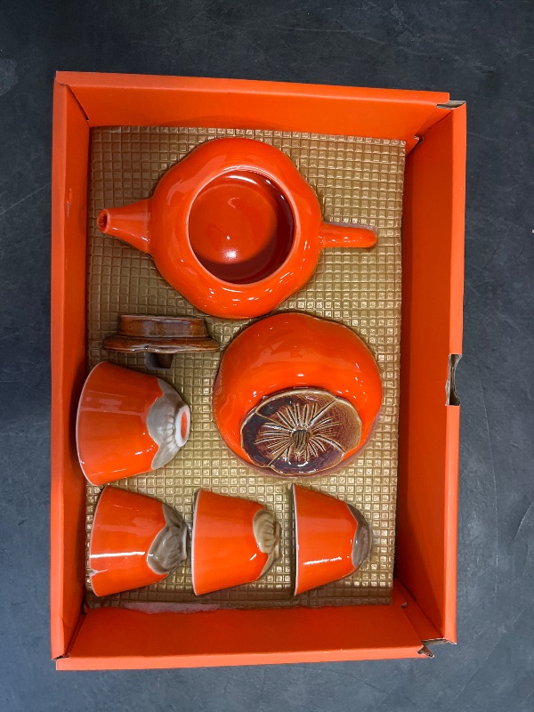 Photo 1 of ZPGXLRZ Portable Gongfu Ceramic Tea Set - Beautiful Persimmon-Shaped Chinese Tea Set with Teapot, Tea Can & 4 Cups, Gift Boxed