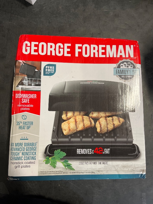 Photo 1 of George Foreman 4-Serving Removable Plate Electric Grill and Panini Press, George Tough Non-Stick Coating, Drip Tray Catches Grease, Black