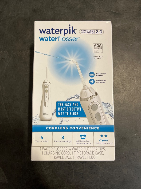 Photo 1 of Waterpik Cordless Advanced 2.0 Water Flosser For Teeth, Gums, Braces, Dental Care With Travel Bag and 4 Tips, ADA Accepted, Rechargeable, Portable, and Waterproof, White WP-580, Packaging May Vary