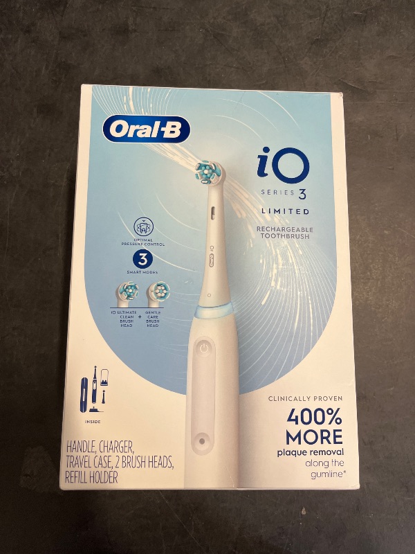 Photo 1 of Oral-B iO Deep Clean Rechargeable Electric Powered Toothbrush, White with iO Series 3 Limited, 2 Brush Heads and Travel Case - Pressure Sensor to Protect Gums - 3 Cleaning Settings - 2 Minute Timer