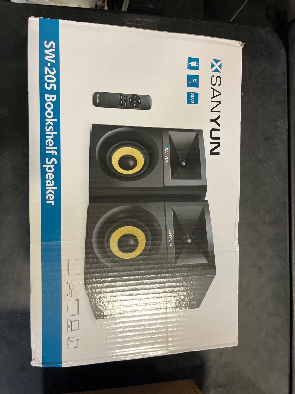 Photo 1 of Sanyun SW205 80W 4” Powered Bookshelf Speakers with Wooden Cabinet - Innovative Exterior Designs and Advanced DSP Chips - Optical 3.5mm Aux and Bluetooth 5.4 Inputs – Wireless Remote (Pair, White)