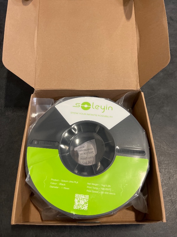 Photo 1 of SOLEYIN Ultra PLA Filament 1.75mm PLA 3D Printer Filament High Speed 30-600mm/s Dimensional Accuracy +/- 0.02mm, 1kg Spool (2.2lbs), Fit Most FDM 3D Printer (Black)