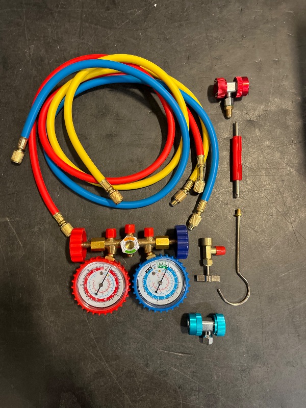 Photo 1 of PB Motor Tech 3 Way AC Manifold Gauge Set for R134A, R12, R22 & R502 Refrigerants with Quick Couplers, 410 Adapter, Puncturing Can Tap & Valve Core Tool, for Automotive & Household AC Maintenance