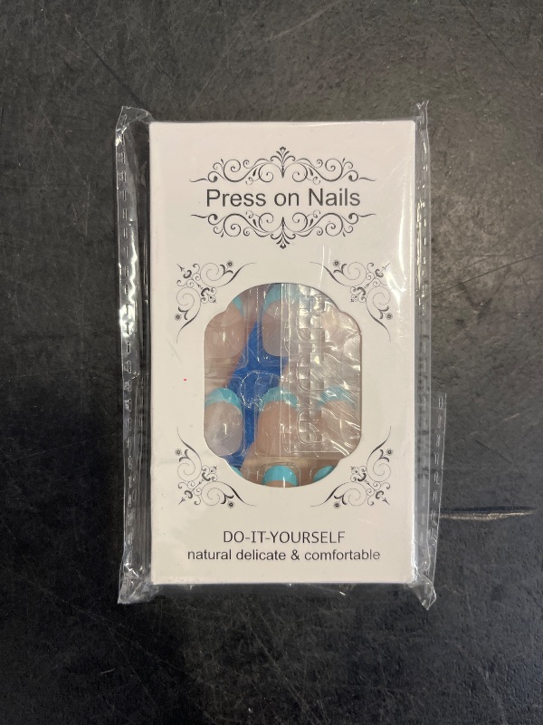 Photo 1 of DANMANR Square Press on Nails Short Fake Nails French Acrylic Full Cover False Nails for Women and Girls 24PCS (Blue French)