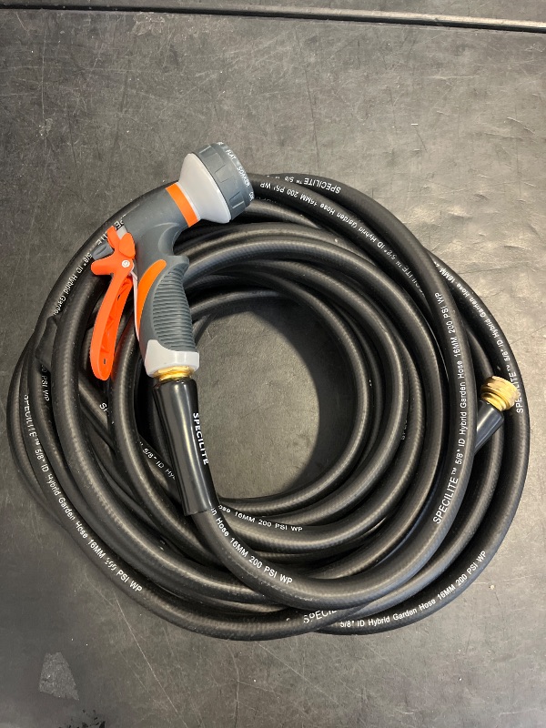 Photo 1 of SPECILITE Garden Water Hose 50 ft x 5/8 in Heavy Duty, Flexible and Lightweight, Burst 600 psi, Kink-less Hybrid Rubber Pipe for Backyard, 3/4'' Brass Fittings, Black