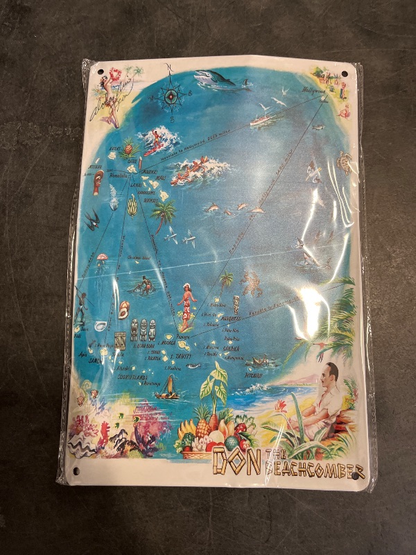 Photo 1 of Map of the Polynesian Islands - Don the Beachcomber Tiki Bar and Restaurant - Vintage Hawaiian Menu Cover c.1959-8 x 12 inch Vintage Metal Tin Sign