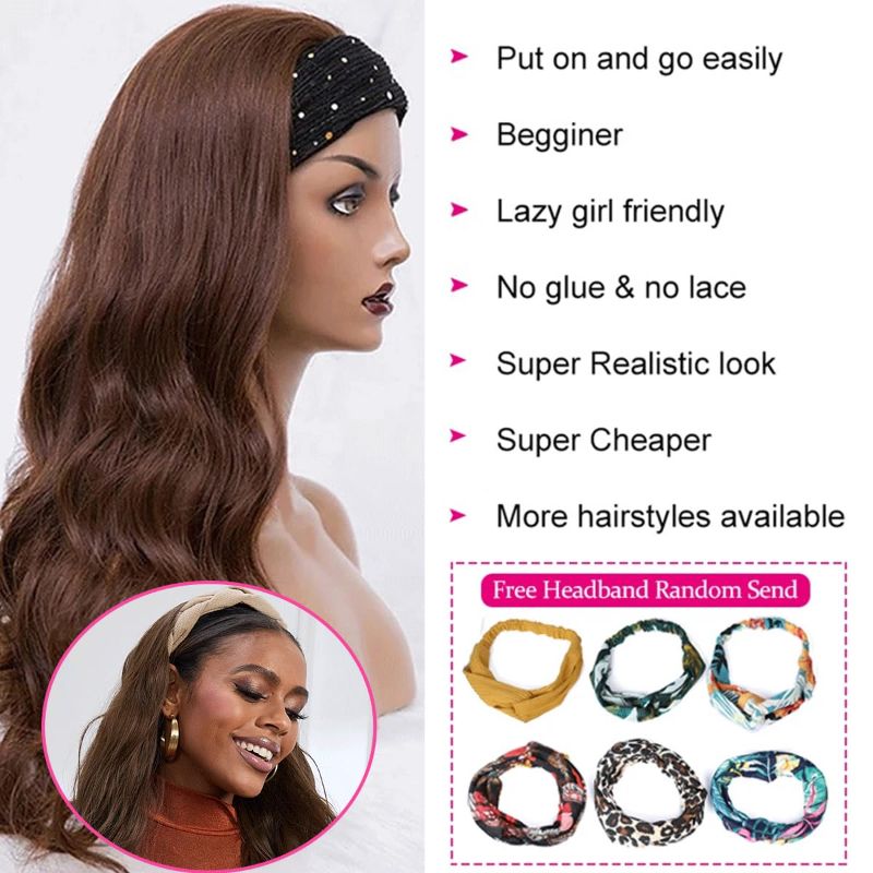 Photo 1 of 22" YUPEWG Chocolate Brown Headband Wigs for Black Women Glueless Synthetic Wig Heat Resistant Fiber Long Wavy Headband Wig for Daily Use