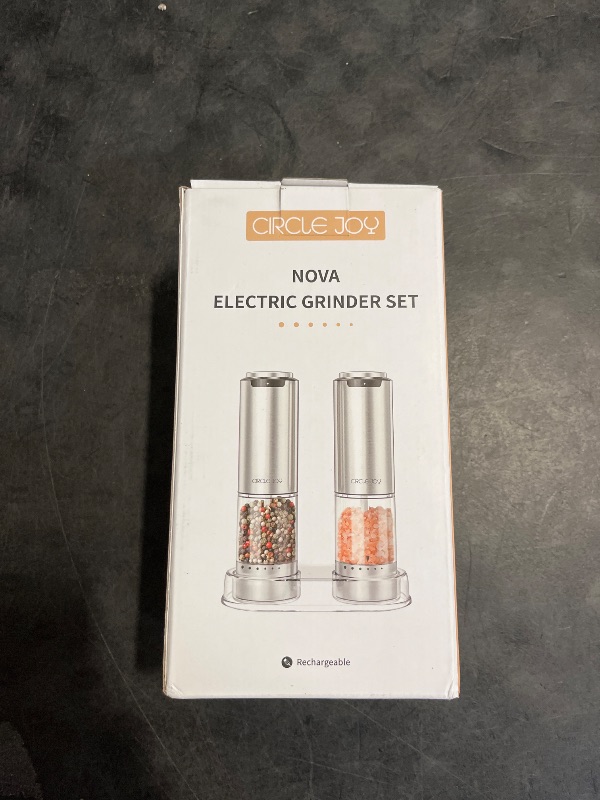 Photo 1 of CIRCLE JOY Rechargeable Electric Salt and Pepper Grinder Set with Base, Stainless Steel Pepper Mills with 95ml Container, White LED Light and External Adjustable Coarseness, Silver