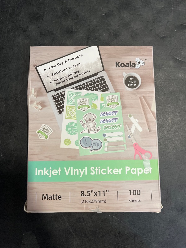 Photo 1 of Koala Printable Vinyl Sticker Paper for Inkjet Printer - 100 Sheets Sticker Printer Paper Matte White, Waterproof Sticker Paper 8.5x11 Inch, Work with Cutting Machine