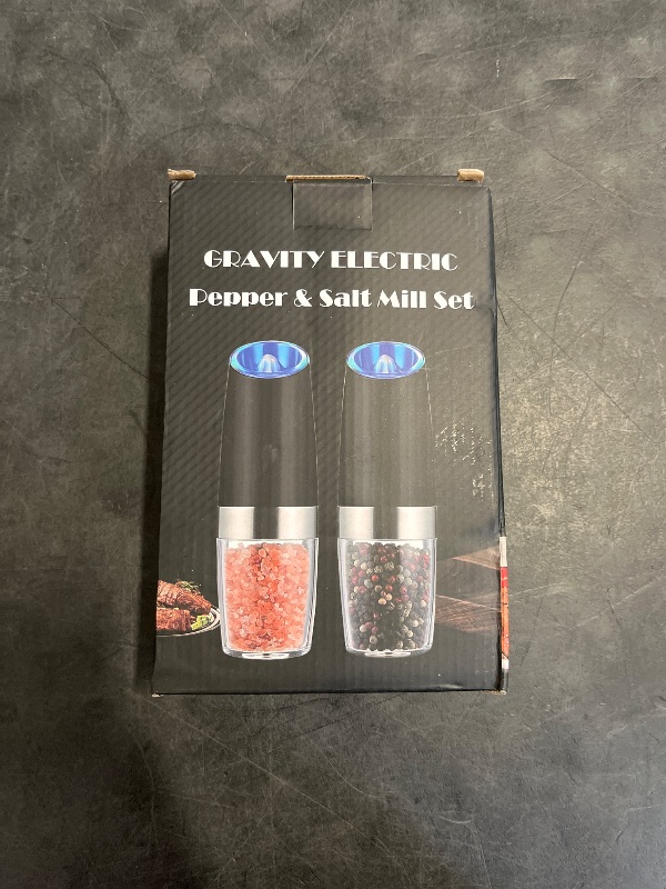 Photo 1 of Sweet Alice Gravity Electric Pepper and Salt Grinder Set, Adjustable Coarseness, Battery Powered with LED Light, One Hand Automatic Operation, Stainless Steel Black, 2 Pack