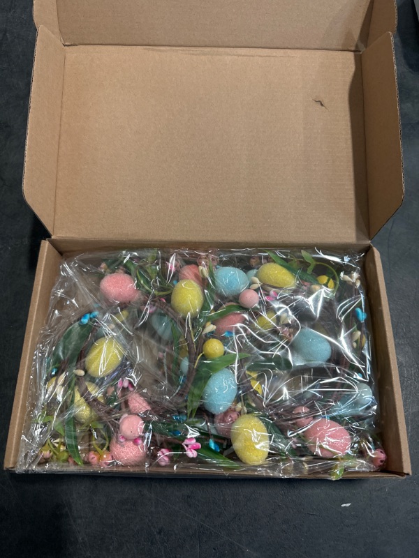 Photo 1 of XunYee 4 Pcs Easter Candle Wreath Artificial Easter Egg Candleholder Mini Spring Wreath Pastel Egg Berry Flower Candle Ring for Holiday Party Home Kitchen Table Centerpiece(Classic Style)