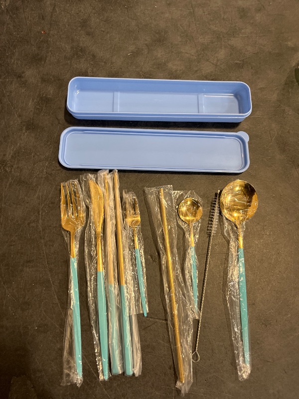 Photo 1 of AARainbow 8 Pieces Stainless Steel Flatware Set Portable Reusable Cutlery Set Travel Utensils Set Including Chopsticks Knife Fork Spoon Straws Cleaning Brush Dishwasher Safe (Light blue Golden)
