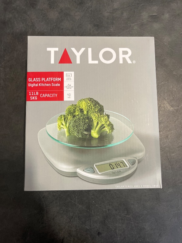 Photo 1 of Taylor 11LB Capacity Digital Glass Top Kitchen Scale with LCD Display, Weight in Grams and Ounces for Baking, Cooking, and Meal Prep, Silver