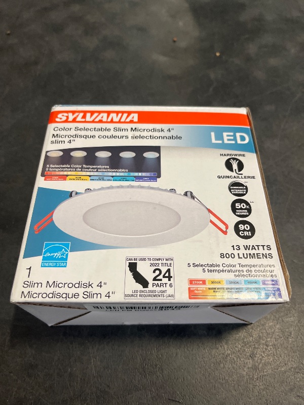 Photo 1 of SYLVANIA LED 4" Slim Microdisk, Junction Box Recessed Downlight Kit, 13W, Dimmable, 5 CCT Color Select (2700K / 3000K / 3500K / 4000K / 5000K), 90 CRI - 1 Pack (61404)