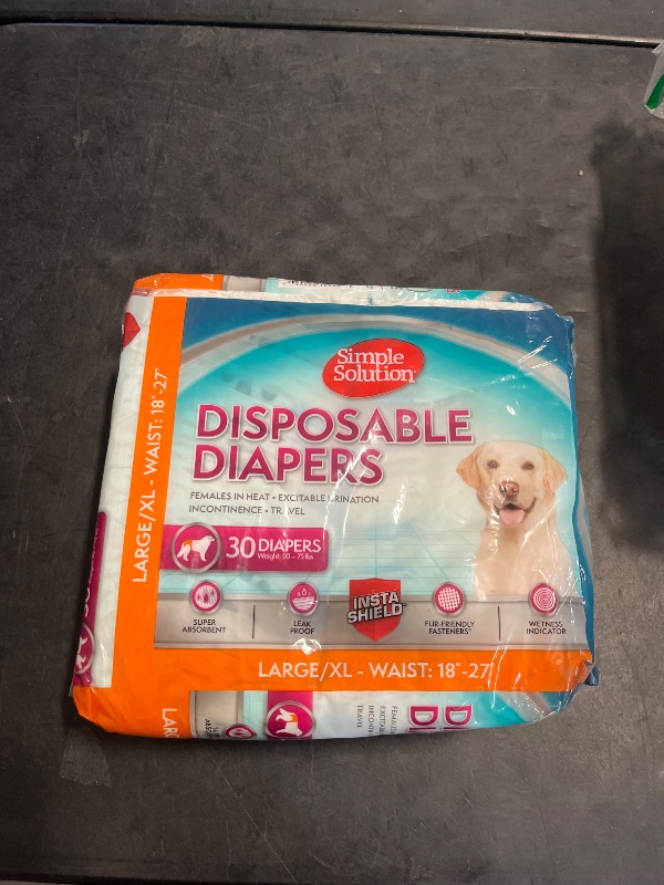 Photo 1 of Simple Solution Disposable Dog Diapers, Female Dog Diapers, Puppy Potty Training, Incontinence and Heat Cycle Protection, Large Diapers for Dogs, 18-27 Inch Waist, 30 Count