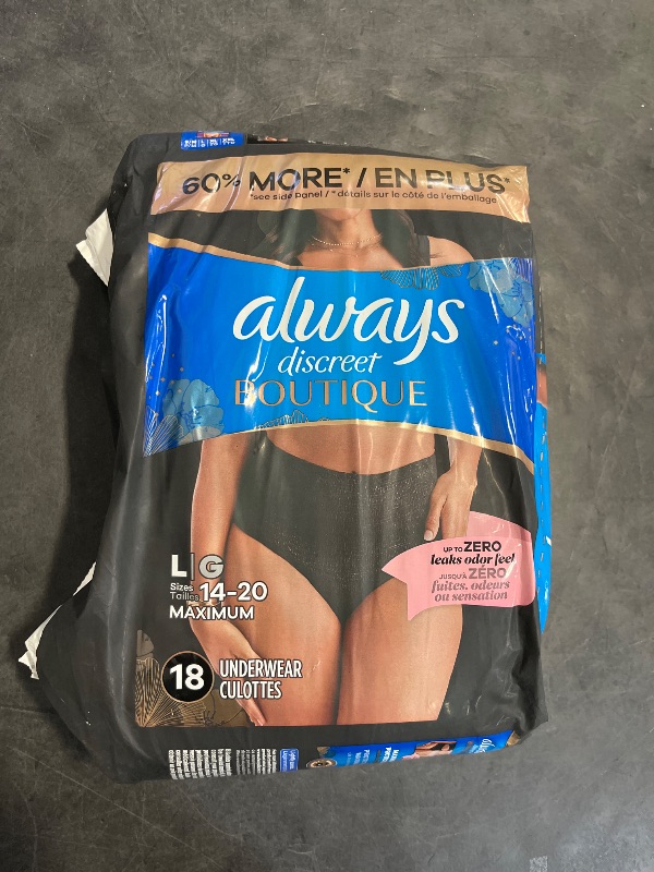 Photo 1 of (L) Always Discreet Boutique Incontinence and Postpartum Underwear for Women, Maximum Protection, L, Black, 18 Count (Packaging May Vary)