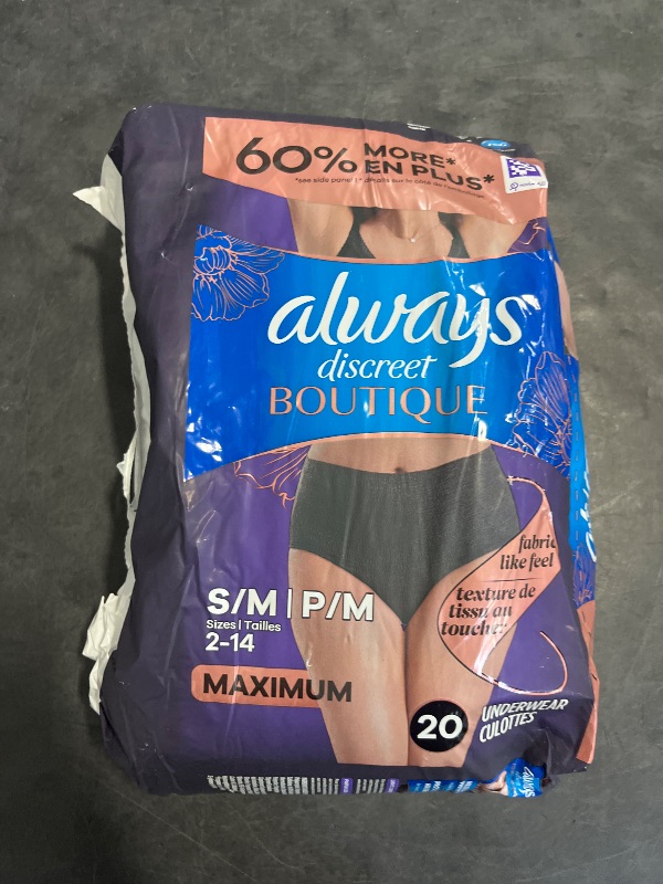 Photo 1 of (S/M) Always Discreet Boutique Incontinence and Postpartum Underwear for Women, Maximum Protection, S/M, Black, 20 Count (Packaging May Vary)