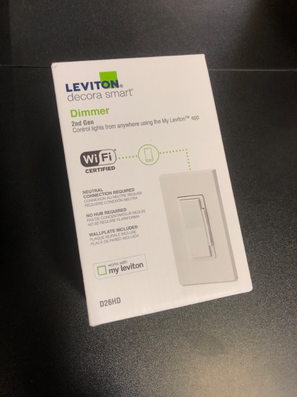 Photo 1 of Leviton Decora Smart Dimmer Switch, Wi-Fi 2nd Gen, Neutral Wire Required, Works with Matter, My Leviton, Alexa, Google Assistant, Apple Home/Siri & Wired or Wire-Free 3-Way, D26HD-2RW, White