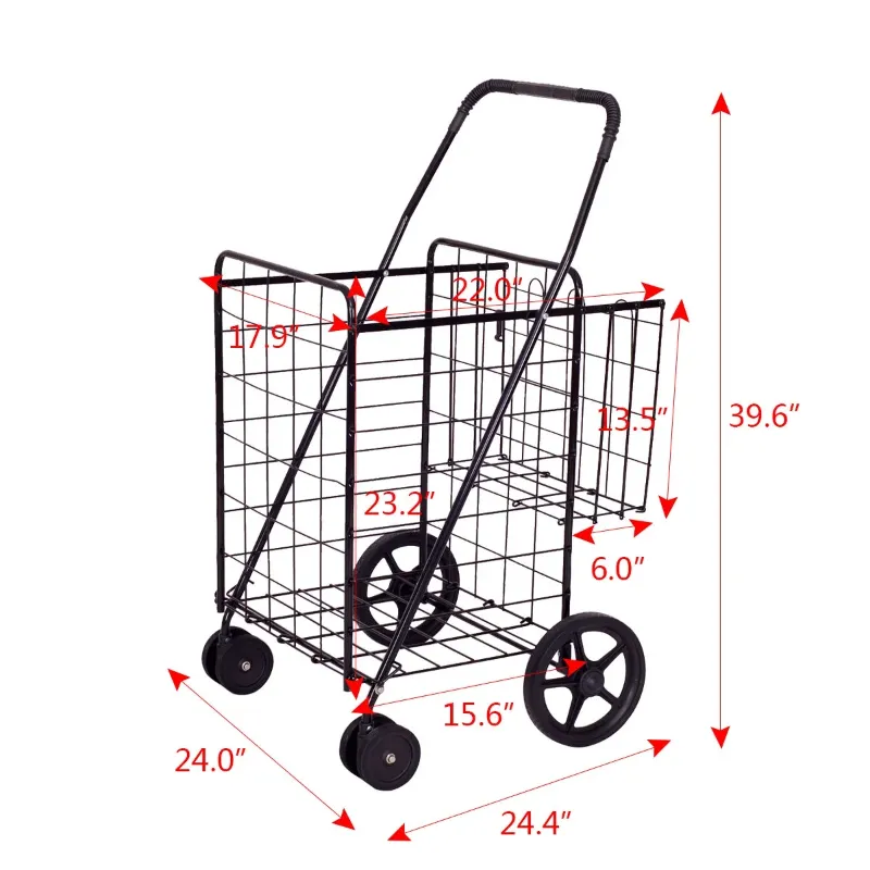 Photo 1 of Costway Folding Shopping Cart Jumbo Basket Grocery Laundry with Swivel Wheels Black