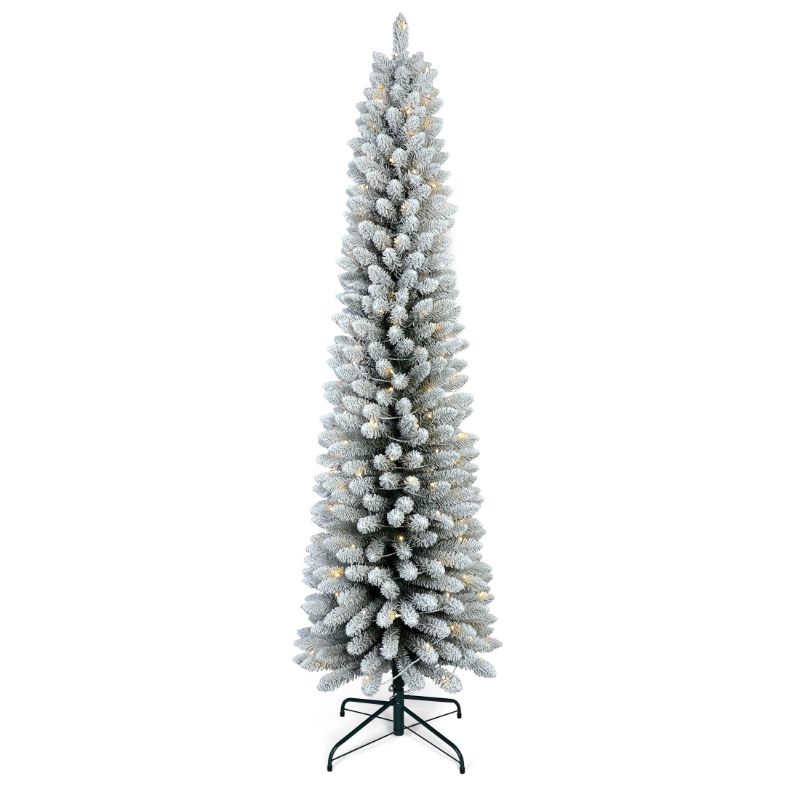 Photo 1 of 5ft Pre- Flocked Pencil Christmas Tree, Bringstar Artificial Slim Trees, LED Warm White Lights