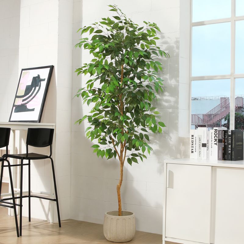 Photo 1 of 7FT Artificial Ficus Tree with Natural Wood Trunk and Lifelike Leaves, Silk Fake Potted Tree with Wood Branches, Faux Tree for Office Home Decor