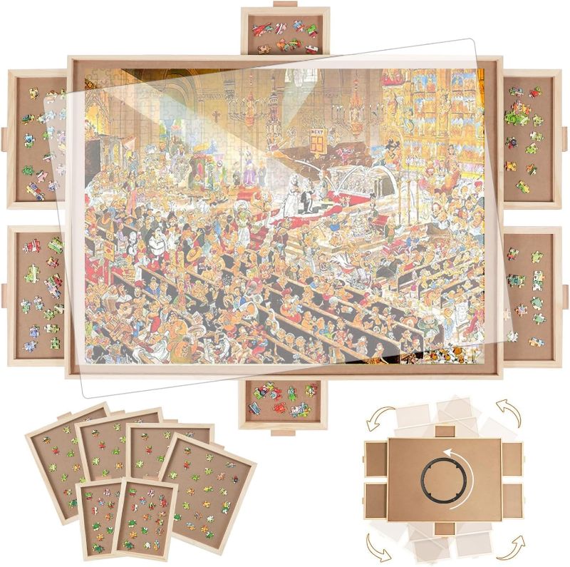 Photo 1 of 1000 Pieces Rotating Puzzle Board with 6 Drawers,30.9"x23.2" Portable Wooden Jigsaw Puzzle Table with Lazy Susan Spinning Cover