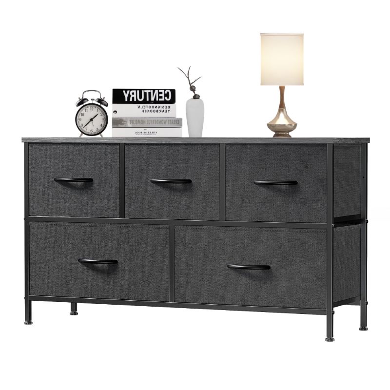 Photo 1 of  5 Drawer Dresser, Wide Chest Of Drawers Nightstand Storage Tower Storage Dresser Fabric Dresser With Wood Top for Living Room, Bedroom, Hallway,Black