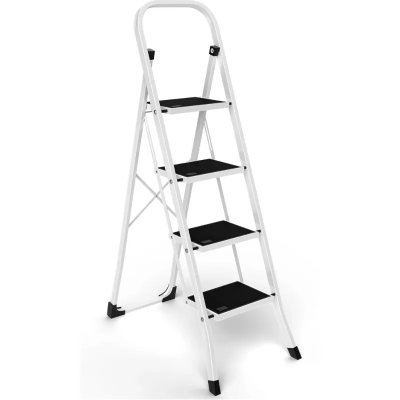 Photo 1 of Behome 4 Step Ladder, Folding Step Stool with Wide Anti-Slip Pedal, Portable Sturdy Iron Ladder with Handrails for Home, Office, Library, 330 lbs Capacity, White & Black
