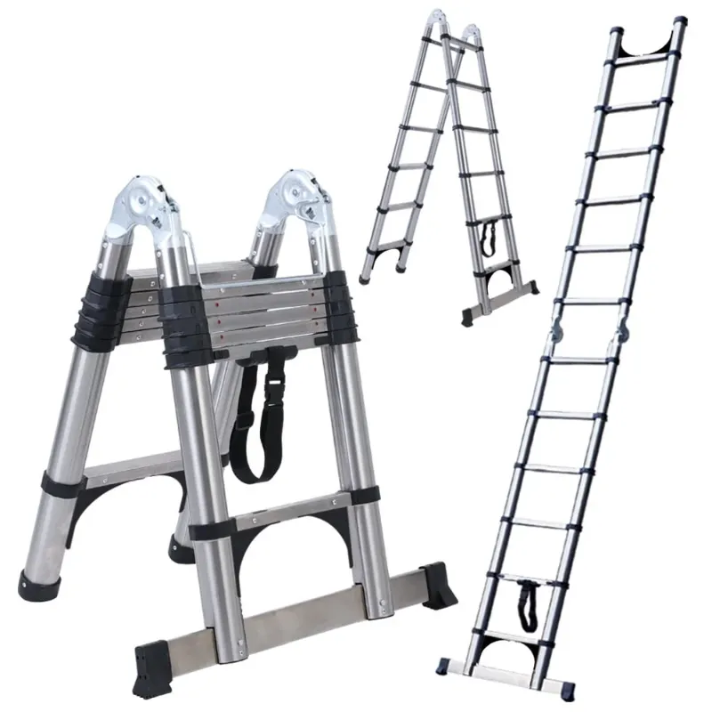 Photo 1 of BOWEITI 12.5FT One-buttom Retraction Multi-Purpose A-Frame Telescoping Extension Stainless Steel Ladder with 2 Triangle Stabilizers 330lb Capacity