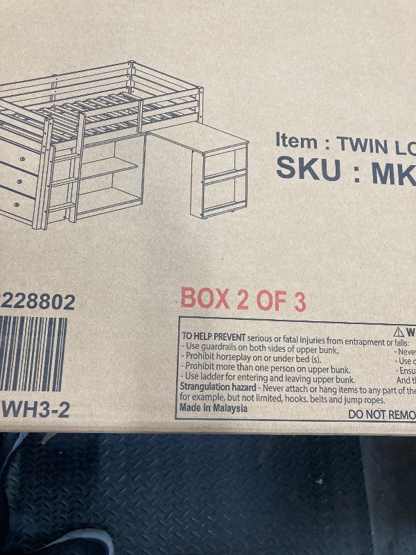 Photo 2 of Box 2 of 3 KEIKI Twin Size Low loft Bed with Pull-Out Desk, Rubber Wood Loft Bed with Storage Cabinets & Drawers & Shelves, Low Twin Bed for Kids, White
