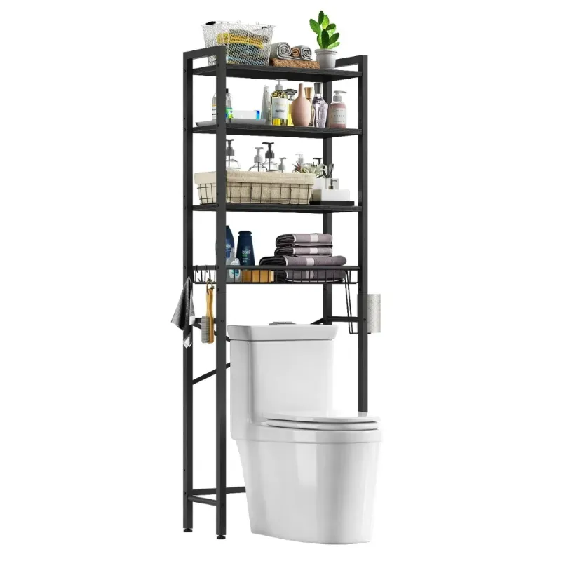 Photo 1 of Biemlerfn Over The Toilet Storage Shelf, 4-Tier Wooden Bathroom Organizer Adjustable Saver Space Rack with Toilet Paper Holder, Black
