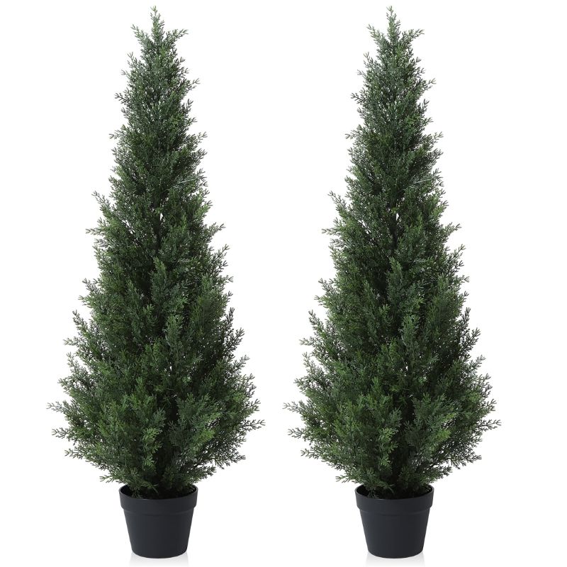 Photo 1 of Artificial Cedar Tree 2 Pack 4 ft Outdoor Artificial Topiary Cedar Plants Fake Tree UV Rated Potted Tree for Perfect Housewarming Gift, Set of 2