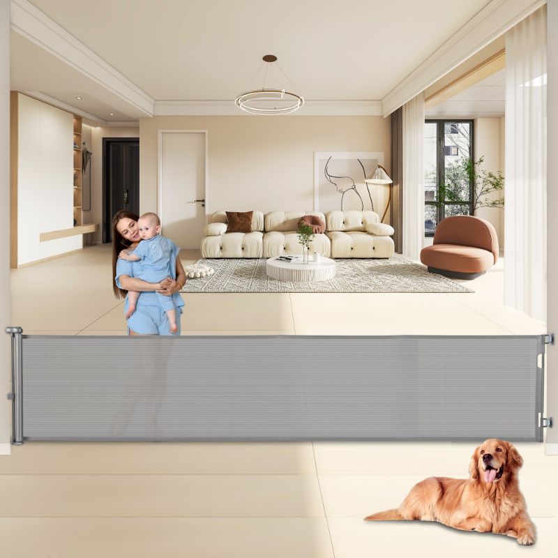 Photo 1 of 140 Inch Retractable Baby Gates, Extra Wide Baby Gates for Large Openings, Mesh Dog Gate Retractable, Safety Gates for Kids or Pets, Extra Long Baby Gates for Stairs Doorway Indoor Outdoor-Gray