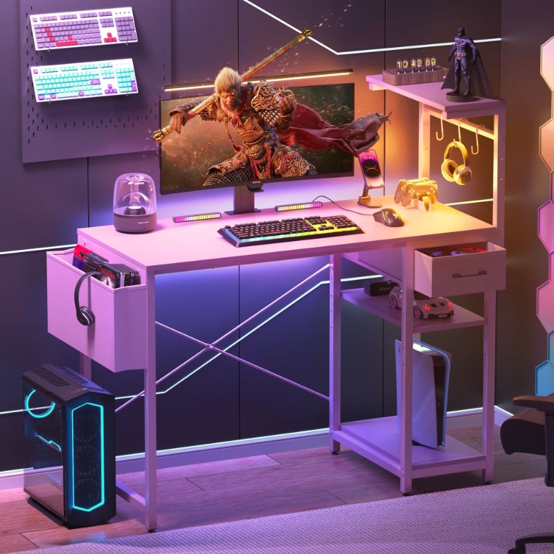 Photo 1 of Eunon 44 inch Gaming Computer Desk with LED Lights, Reversible 4 Tier Storage Shelves & Drawer,Pink