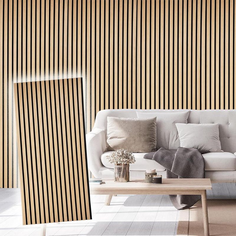 Photo 1 of  Wood Slat Acoustic Panels for Stylish Decor and Noise Reduction, 3D Textured Panel for Ceiling and Wall - White Oak (47.2 L x 23.6 W in)