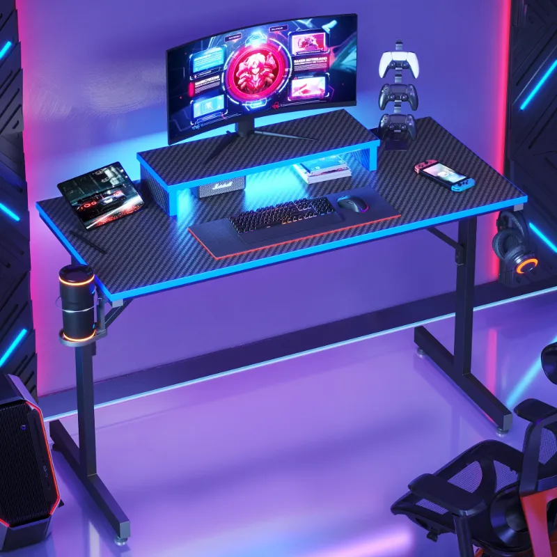 Photo 1 of Bestier 42" Gaming Desk PC Computer Table with LED Lights & Monitor Stand & Hook & Cup Holder in Blue