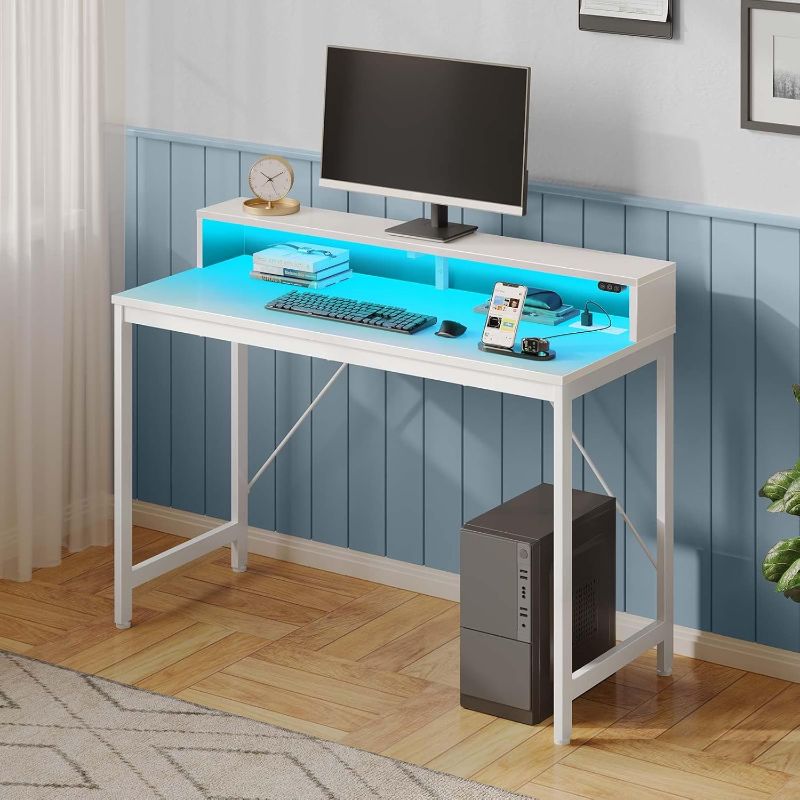 Photo 1 of ==similar==Rolanstar Computer Desk 39 inch with LED Lights & Power Outlets, Home Office Desk with Monitor Shelf, Gaming Desk, Writing Desk, Study Desk for Student & Kids, White