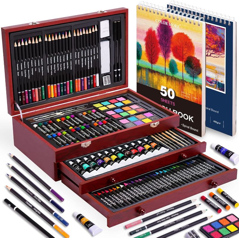 Photo 1 of 175 Piece Deluxe Art Set with 2 Drawing Pads, Acrylic Paints, Crayons, Colored Pencils Set in Wooden Case, Professional Art Kit, for Adults, Teens and Artist, Paint Supplies