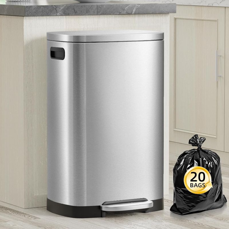 Photo 1 of ==damage small==13 Gallon Trash Can with Lid, 50L Fingerprint Proof Stainless Steel Kitchen Trash Can with Removable Inner Bucket and Lid Soft Close, Pedal Rubbish Bin for Home Office